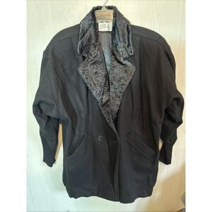 saril Vintage Sz12 Black Textured Fur Lapel Wool Coat